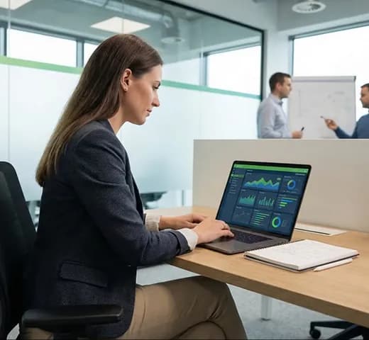 Analyst reviewing research dashboards on a laptop in an office