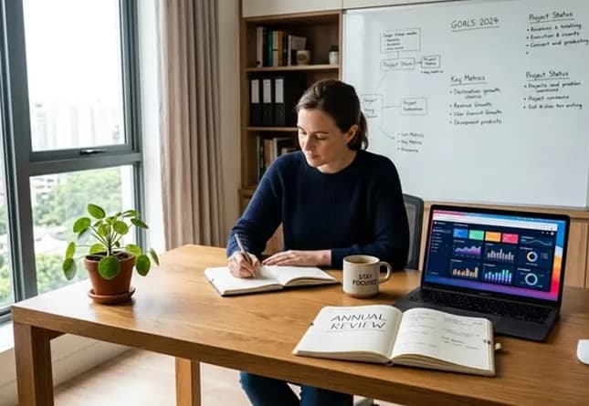 Analyst taking notes at a desk beside a laptop and a planning whiteboard