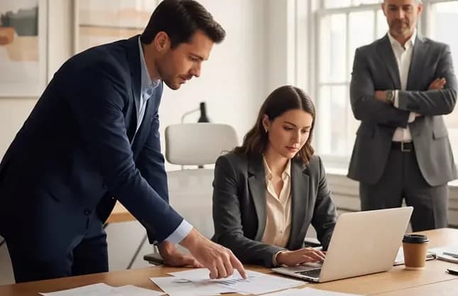 Analysts reviewing documents and a laptop together at a desk