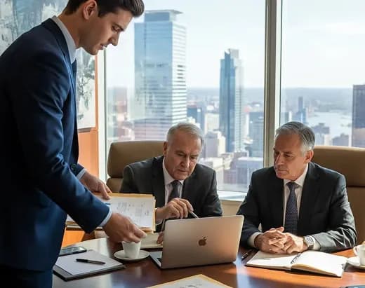 Analyst presenting source documents to two colleagues in a high-rise meeting room