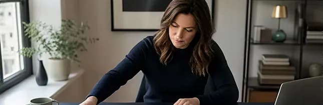 Analyst reading source material at a desk by a window