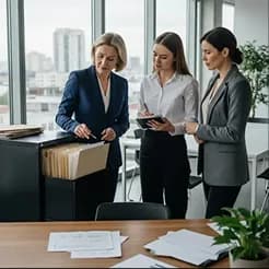 Three colleagues reviewing files from a cabinet in an office