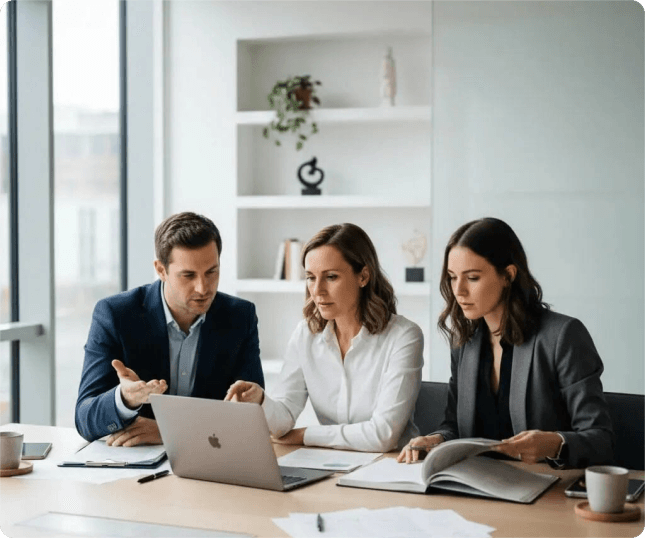 Three professionals analyzing data and documents collaboratively around a desk with laptops