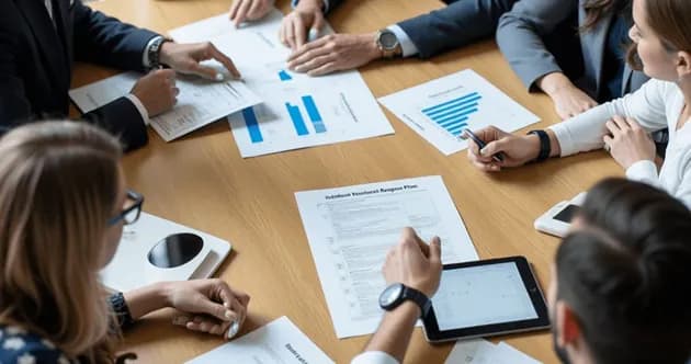 Overhead view of people reviewing printed reports and charts around a table