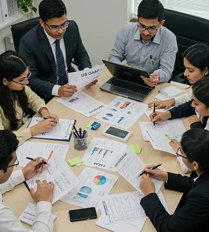 A team annotating printed financial reports around a shared table