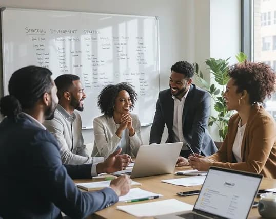 A group discussing a strategy whiteboard around a meeting table