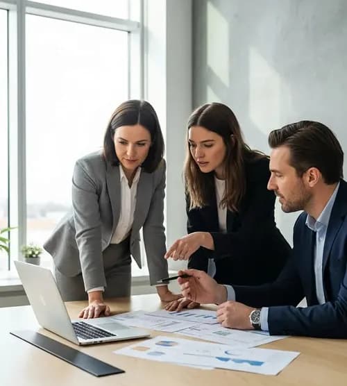 Three investors reviewing printed charts and a laptop together