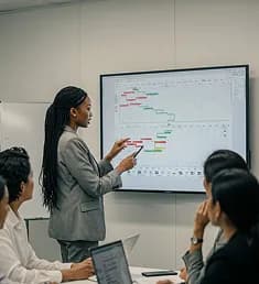 A presenter walking colleagues through a project timeline on a wall display