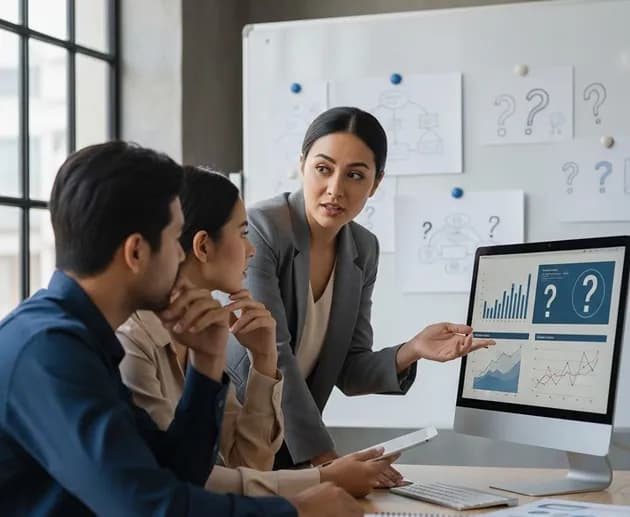 An adviser walking two people through charts on a monitor beside a whiteboard of questions