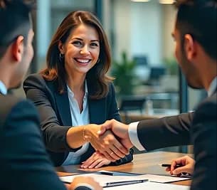 A smiling professional shaking hands across a meeting table