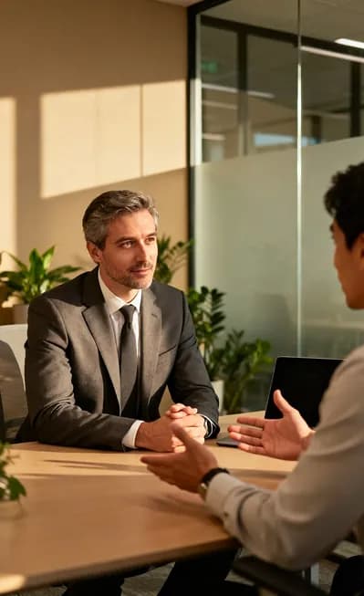 Two colleagues in conversation across a meeting table