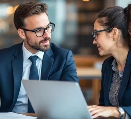Two colleagues in conversation over a laptop