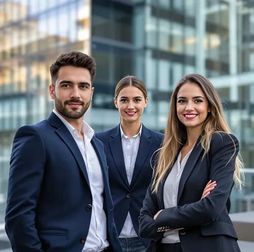 Three colleagues standing together outside an office building