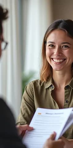 A smiling woman holding a printed report during a meeting