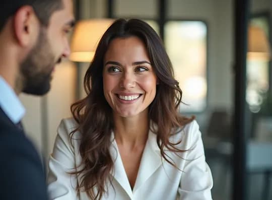 A smiling woman in conversation with a colleague