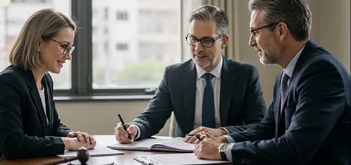 Three professionals reviewing and signing documents at a desk