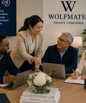 An adviser smiling as she walks colleagues through work on a laptop at a meeting table