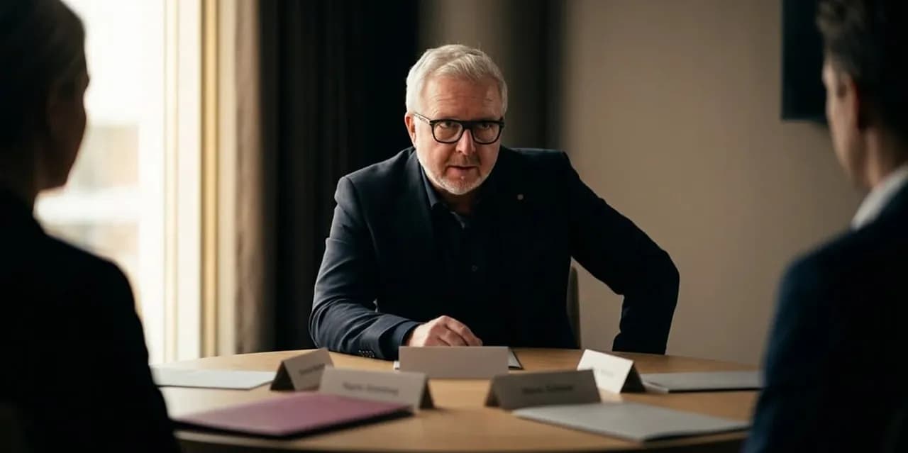 A senior professional leading a discussion at a round meeting table