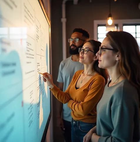 Three colleagues mapping ideas on a large wall display