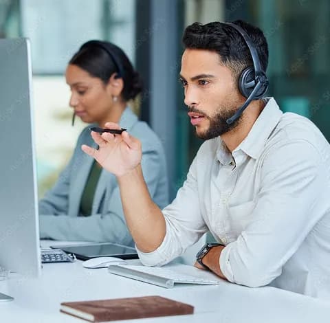 An analyst wearing a headset working at a computer