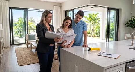 An agent reviewing a binder of documents with a couple in a bright home