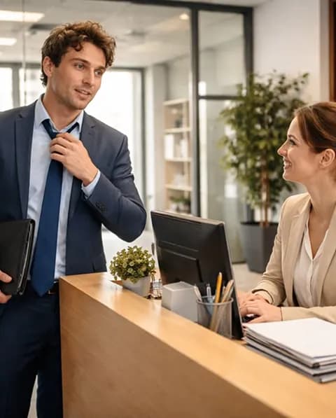 A professional chatting with a colleague at an office reception desk
