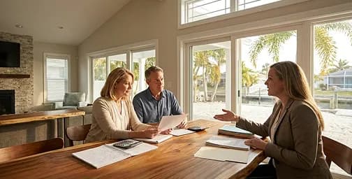 An adviser discussing documents with a couple at a kitchen table