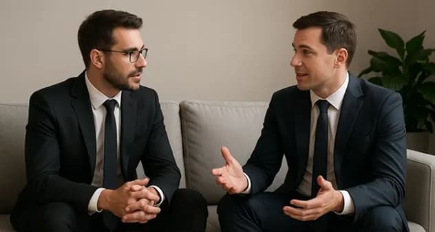 Two professionals in conversation on a sofa