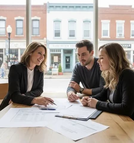 An adviser reviewing paperwork with two clients at a cafe table