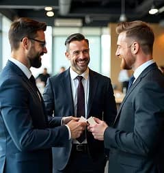 Three colleagues in suits exchanging business cards