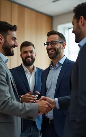 Colleagues smiling and shaking hands in an office