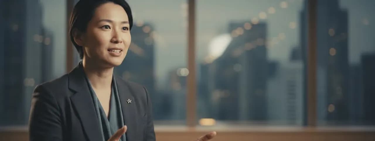 A professional speaking in front of a city skyline window