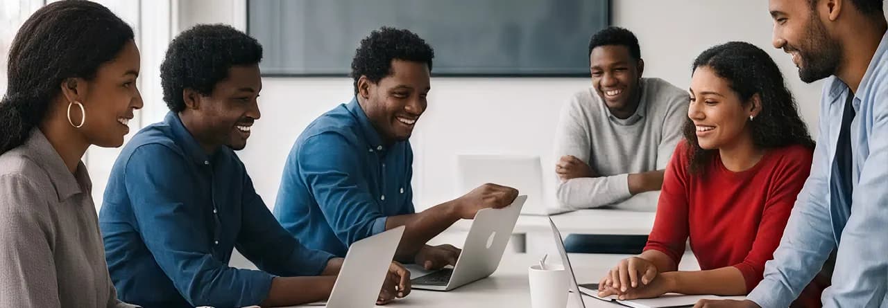 A smiling team working together on laptops