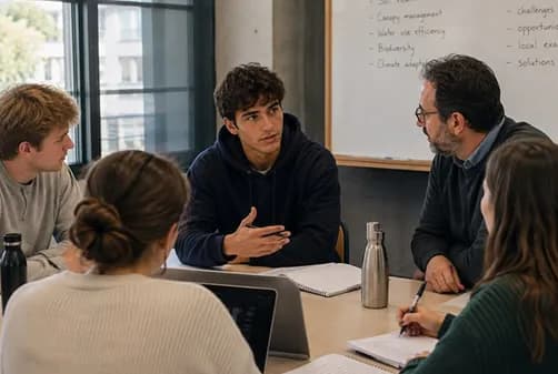 Students and a mentor talking around a table in a classroom