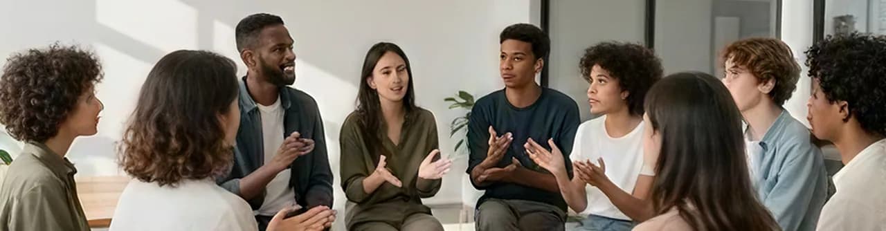 A group of people talking in a circle in a bright room